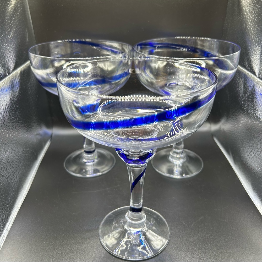 Set Of 3 PIER 1 COBALT BLUE SWIRLINE Margarita Glasses: Frozen Drink •Hand Blown